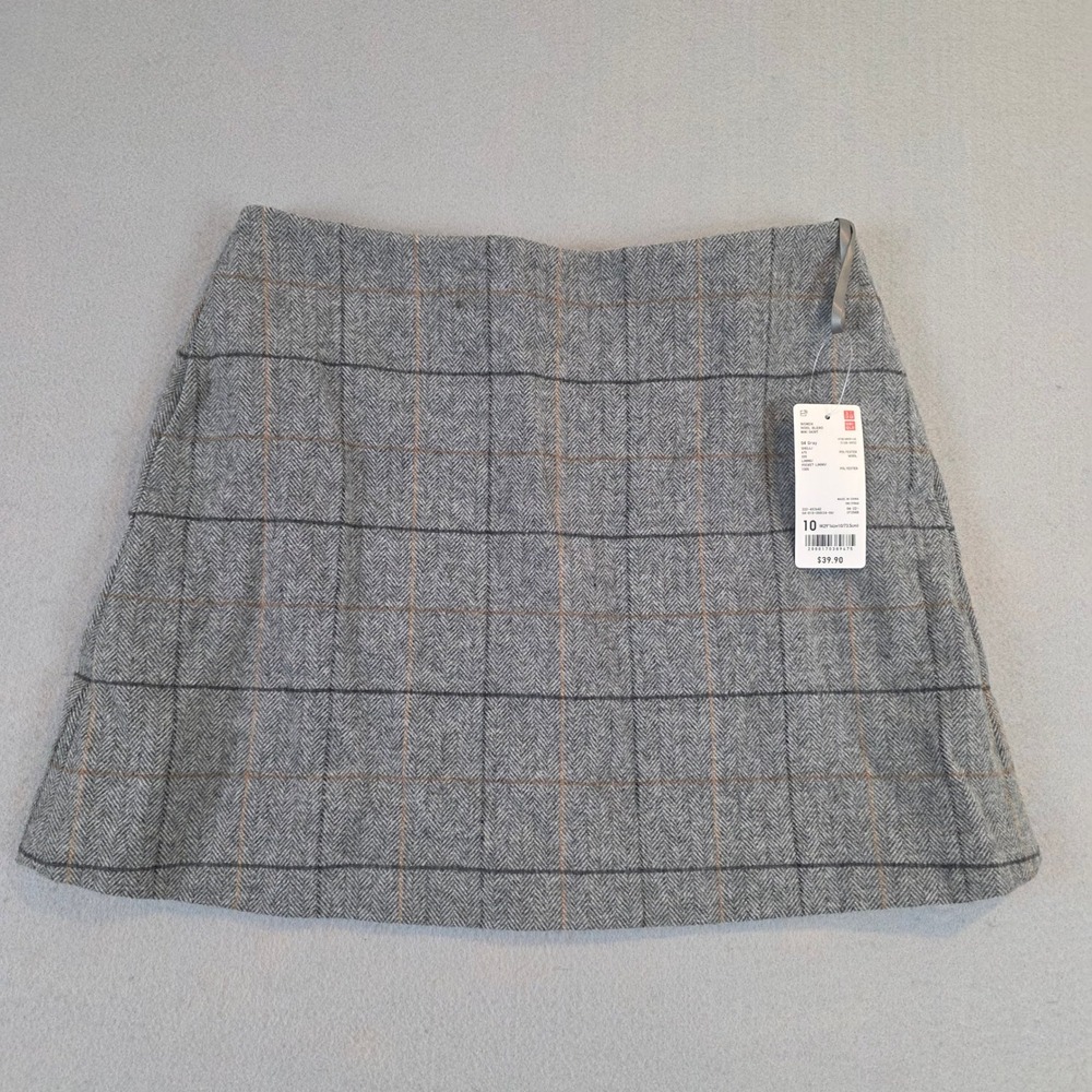 Uniqlo Women Wool Blend Mini Skirt Gray Herringbone Plaid Size 10 NEW Academia